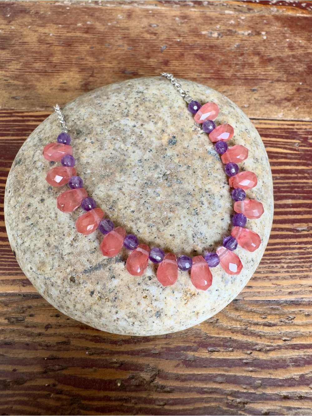 Strawberry Quartz and Amethyst Bead Necklace
